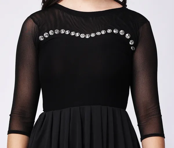 Black_Viscose_Embellished_Sleeved_Skater_Knee_Length_Dress_For_Women