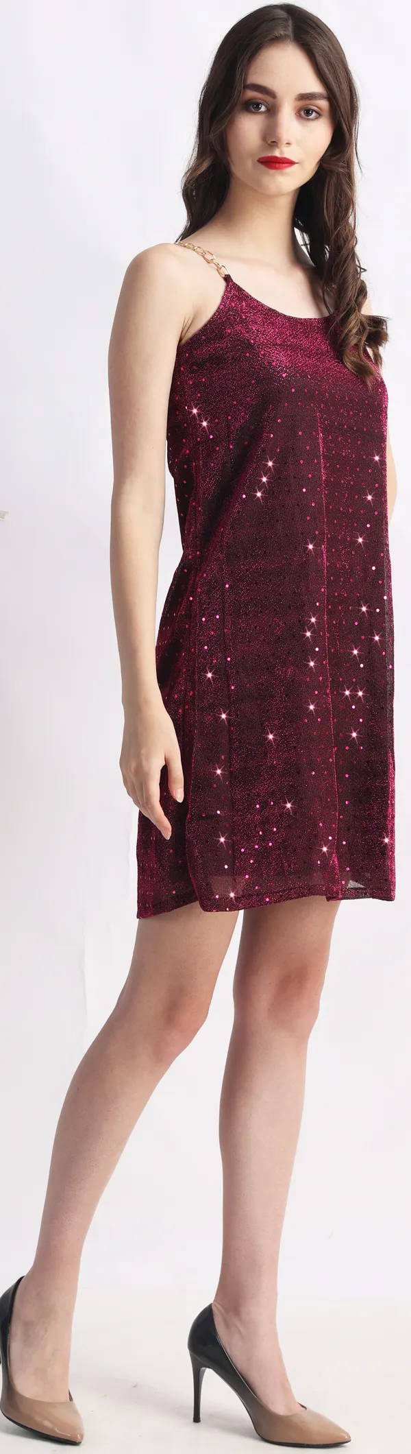 Maroon_Lurex_Net_Embellished_Sleeveless_A-Line_Mid_Thigh_Dress_For_Women