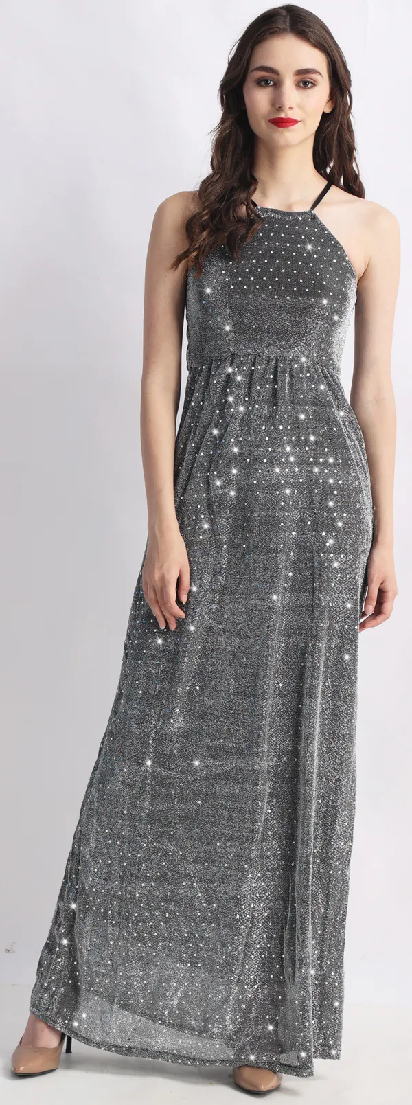 Grey_Lurex_Net_Sleeveless_Gown_Maxi/Full_Length_Dress_For_Women