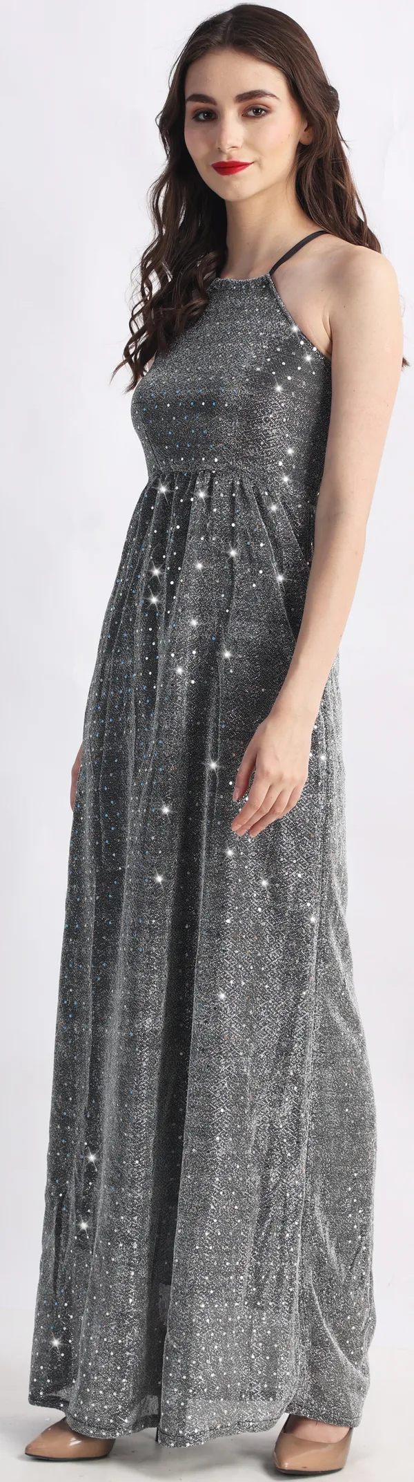 Grey_Lurex_Net_Sleeveless_Gown_Maxi/Full_Length_Dress_For_Women
