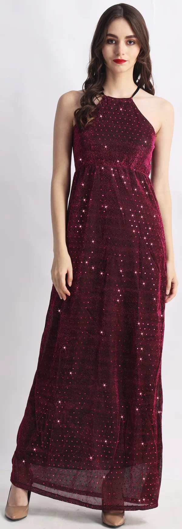Maroon_Lurex_Net_Sleeveless_Gown_Maxi/Full_Length_Dress_For_Women