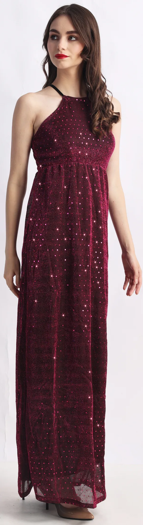 Maroon_Lurex_Net_Sleeveless_Gown_Maxi/Full_Length_Dress_For_Women