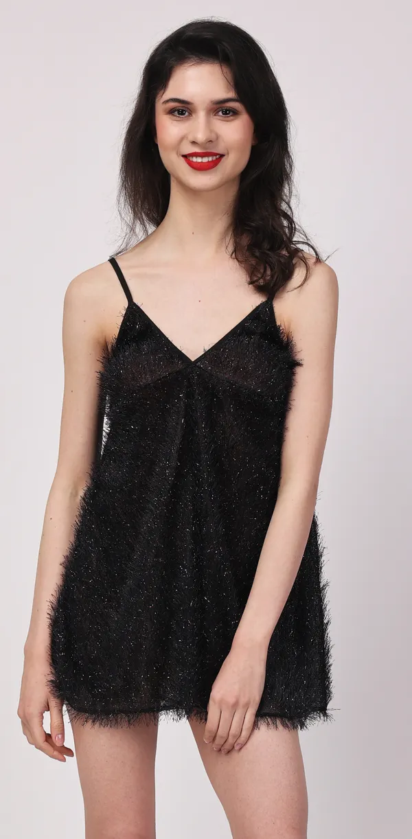 Black_Sheer_Fur_Sleeveless_Lurex_Babydoll_Nightwear_For_Women