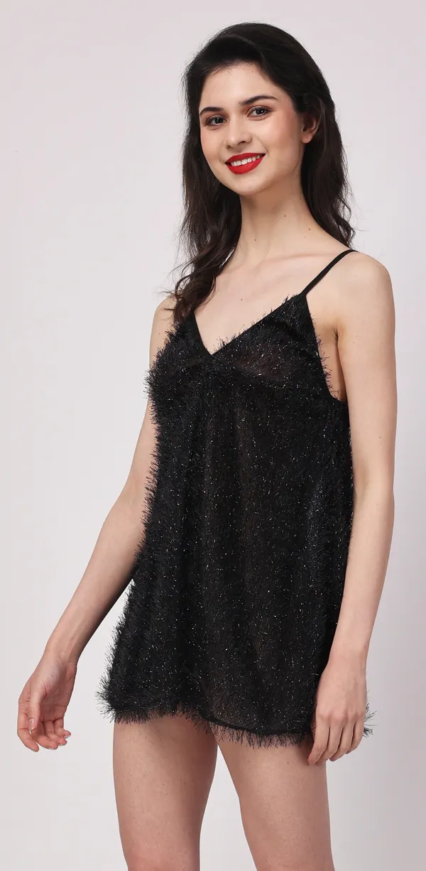 Black_Sheer_Fur_Sleeveless_Lurex_Babydoll_Nightwear_For_Women