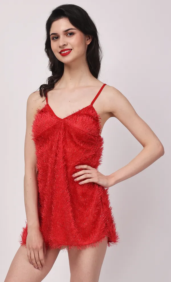 Red_Sheer_Fur_Sleeveless_Lurex_Babydoll_Nightwear_For_Women
