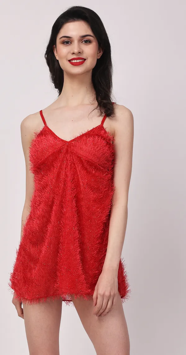 Red_Sheer_Fur_Sleeveless_Lurex_Babydoll_Nightwear_For_Women