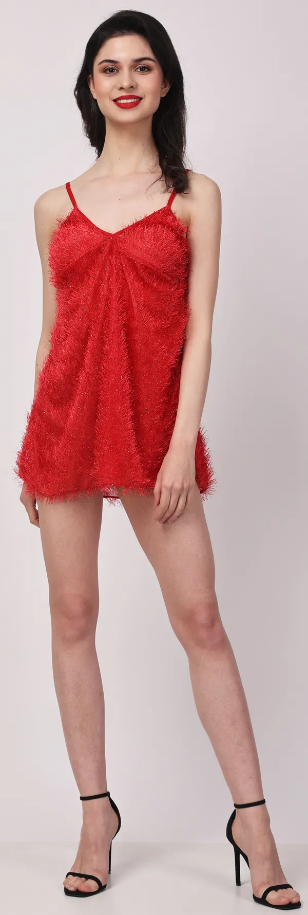 Red_Sheer_Fur_Sleeveless_Lurex_Babydoll_Nightwear_For_Women