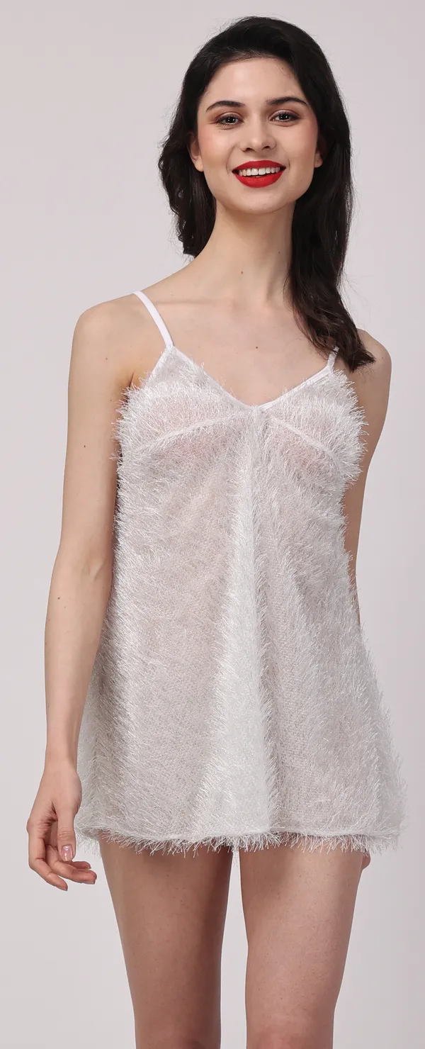 White_Sheer_Fur_Sleeveless_Lurex_Babydoll_Nightwear_For_Women