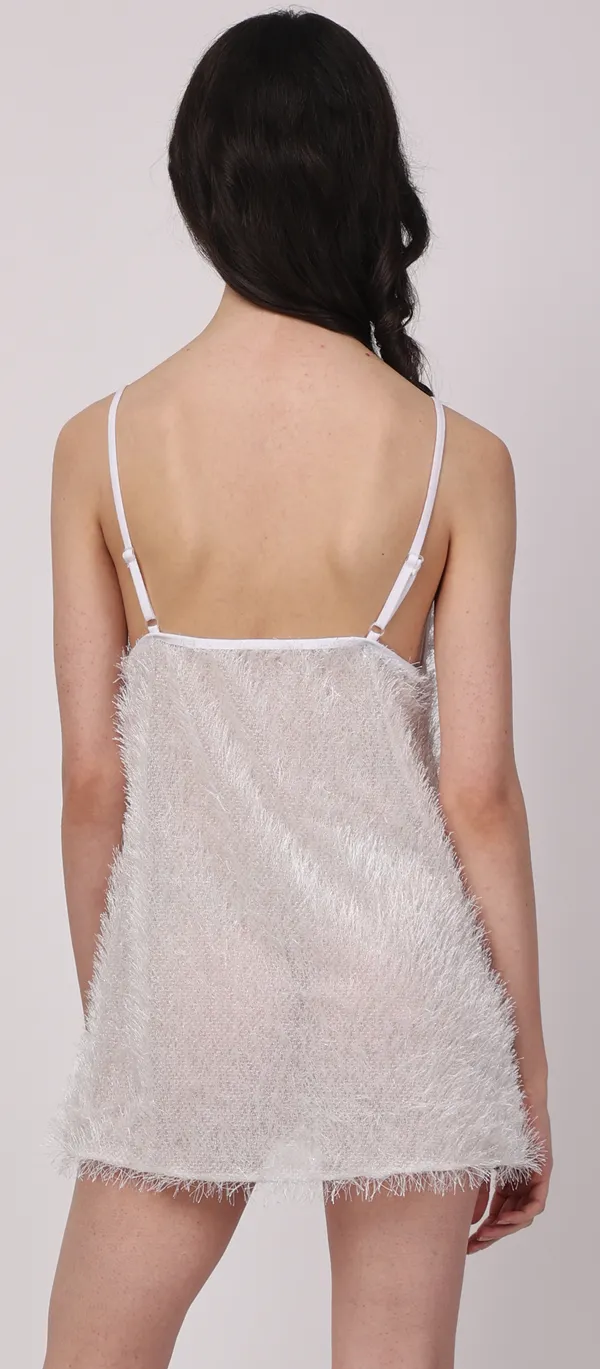 White_Sheer_Fur_Sleeveless_Lurex_Babydoll_Nightwear_For_Women
