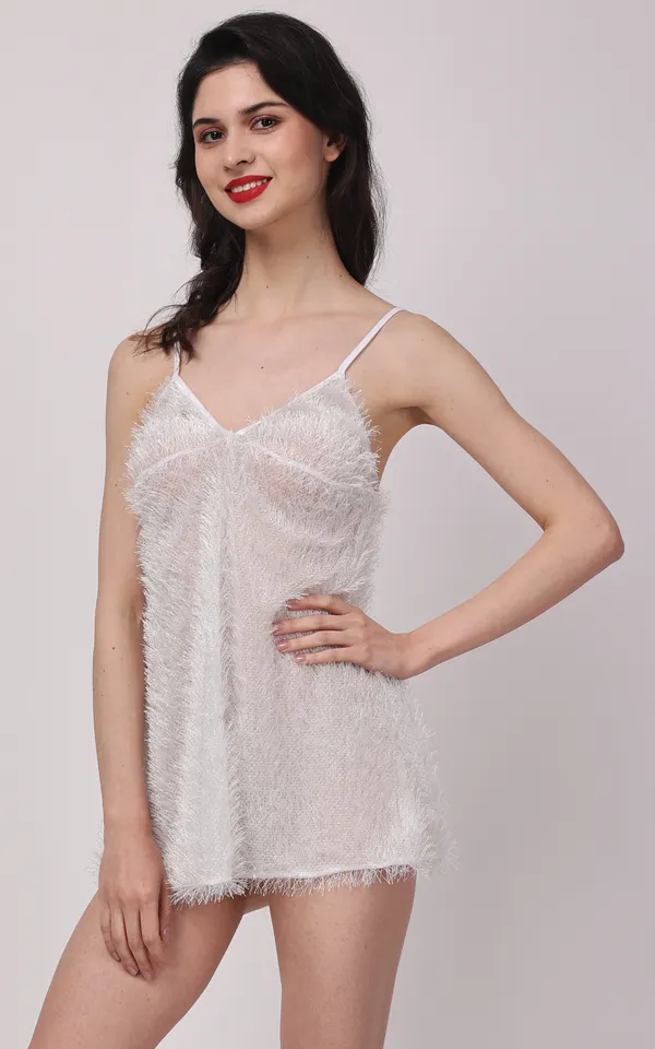 White_Sheer_Fur_Sleeveless_Lurex_Babydoll_Nightwear_For_Women