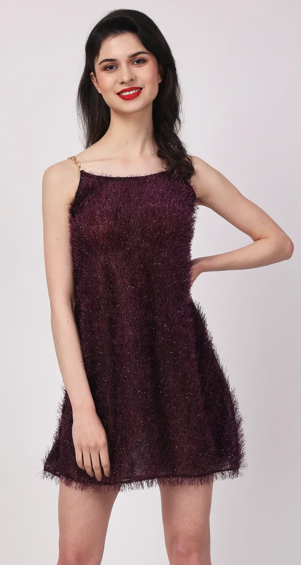 Wine_Sheer_Fur_Sleeveless_Lurex_Babydoll_Nightwear_For_Women