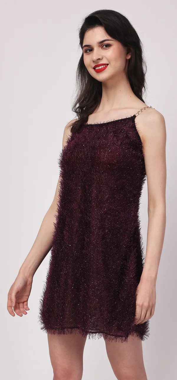 Wine_Sheer_Fur_Sleeveless_Lurex_Babydoll_Nightwear_For_Women