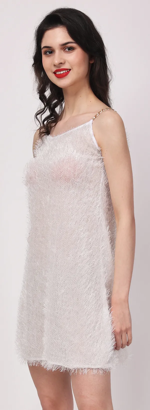White_Sheer_Fur_Sleeveless_Lurex_Babydoll_Nightwear_For_Women