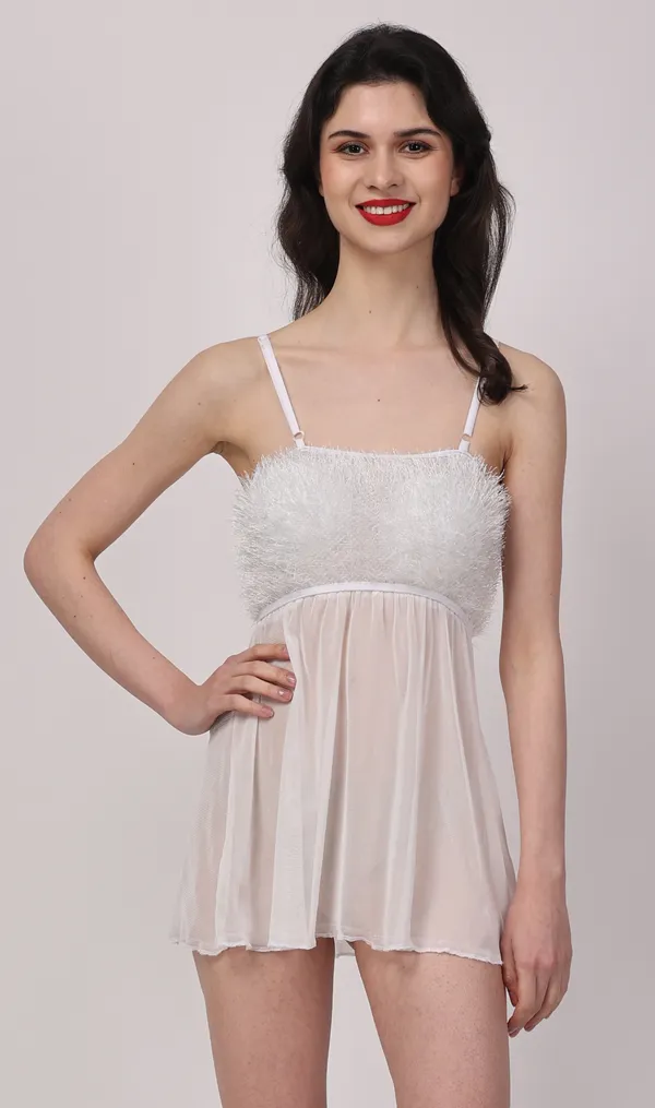 White_Sheer_Fur_Sleeveless_Lurex_Babydoll_Nightwear_For_Women