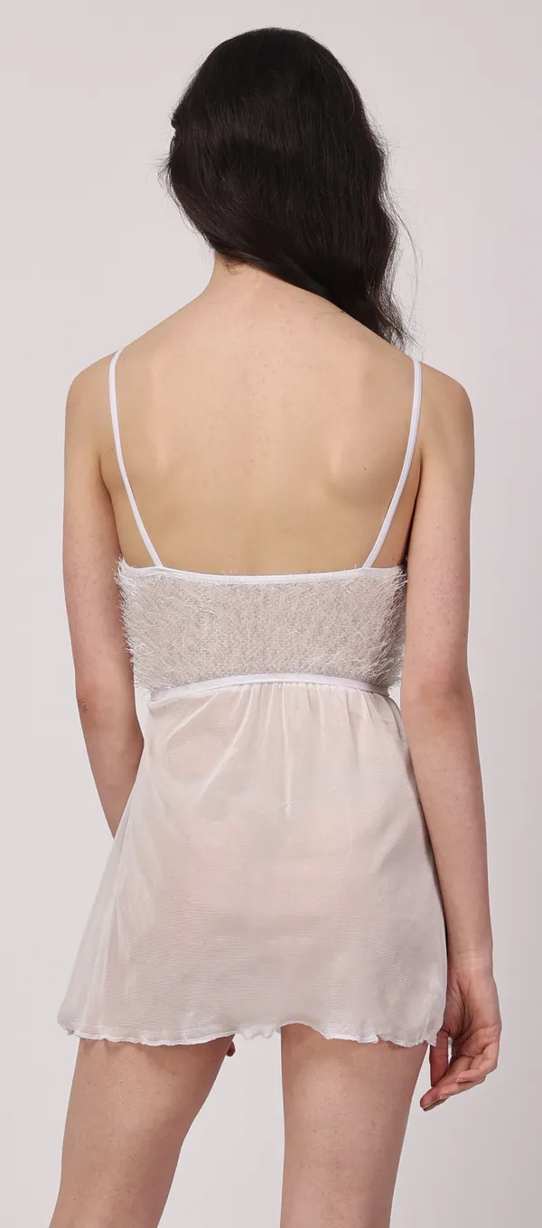 White_Sheer_Fur_Sleeveless_Lurex_Babydoll_Nightwear_For_Women