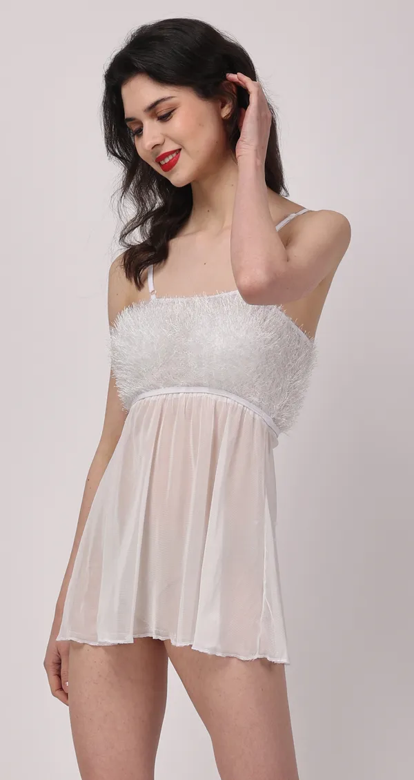 White_Sheer_Fur_Sleeveless_Lurex_Babydoll_Nightwear_For_Women