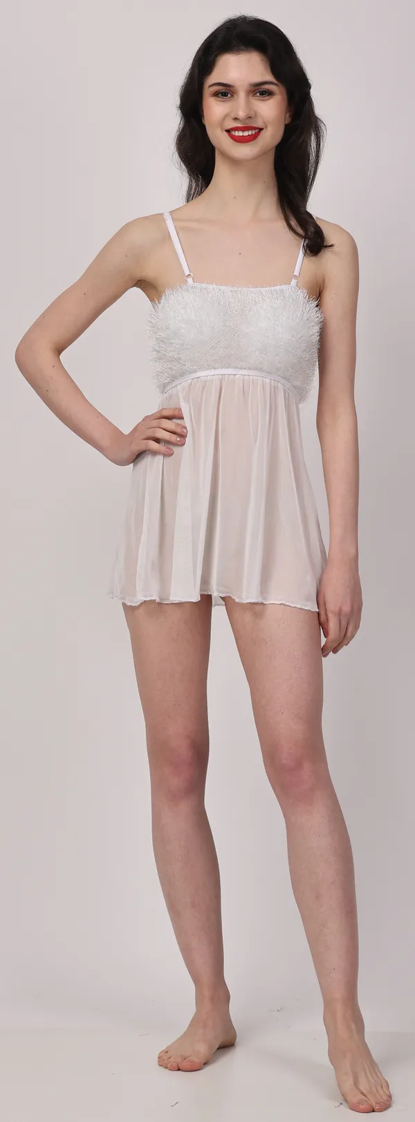 White_Sheer_Fur_Sleeveless_Lurex_Babydoll_Nightwear_For_Women