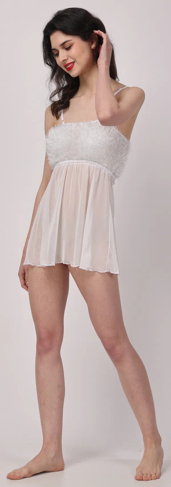 White_Sheer_Fur_Sleeveless_Lurex_Babydoll_Nightwear_For_Women