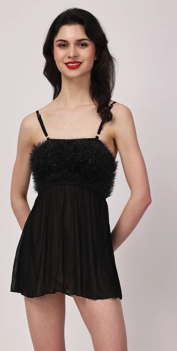 Black_Sheer_Fur_Sleeveless_Lurex_Babydoll_Nightwear_For_Women