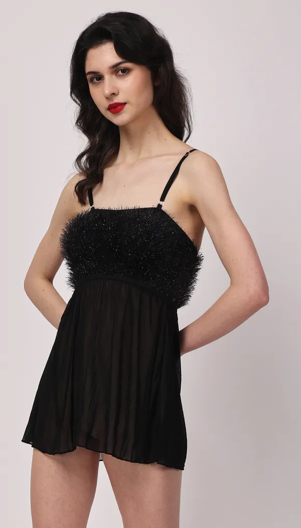 Black_Sheer_Fur_Sleeveless_Lurex_Babydoll_Nightwear_For_Women