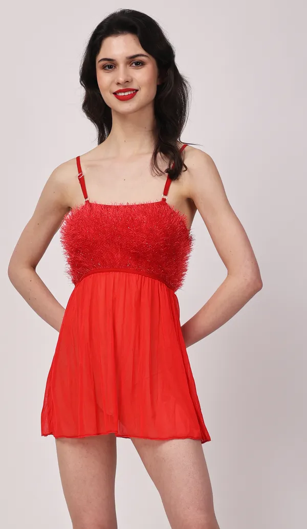 Red_Sheer_Fur_Sleeveless_Lurex_Babydoll_Nightwear_For_Women