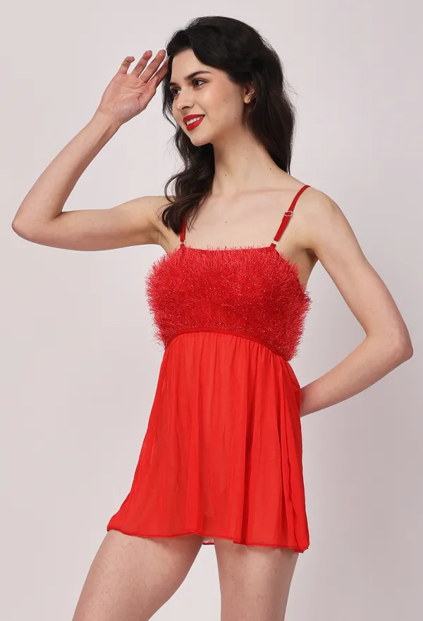 Red_Sheer_Fur_Sleeveless_Lurex_Babydoll_Nightwear_For_Women