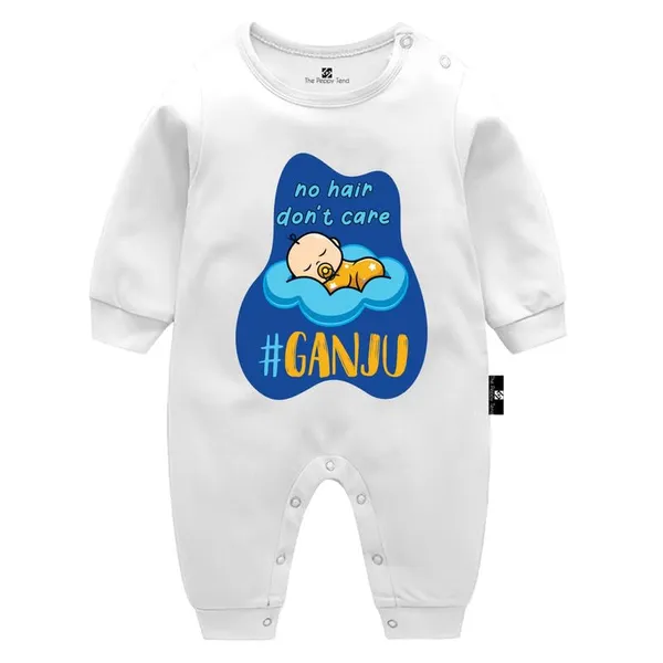 White_"No_Hair_Don'T_Care_#Ganju"_Baby_Unisex_Printed_100%_Cotton_Full_Sleeves_Regular_Fit_Rompers