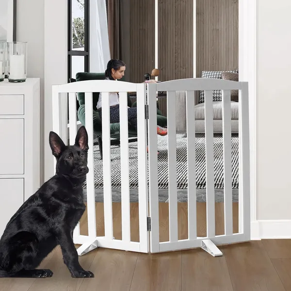 White_Freestanding_Pet_Gate,_Folding_Safety_Fence_Wooden_Kids_&_Dog_Gate_With_2Pcs_Support_Feet