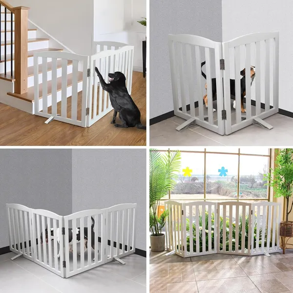 White_Freestanding_Pet_Gate,_Folding_Safety_Fence_Wooden_Kids_&_Dog_Gate_With_2Pcs_Support_Feet