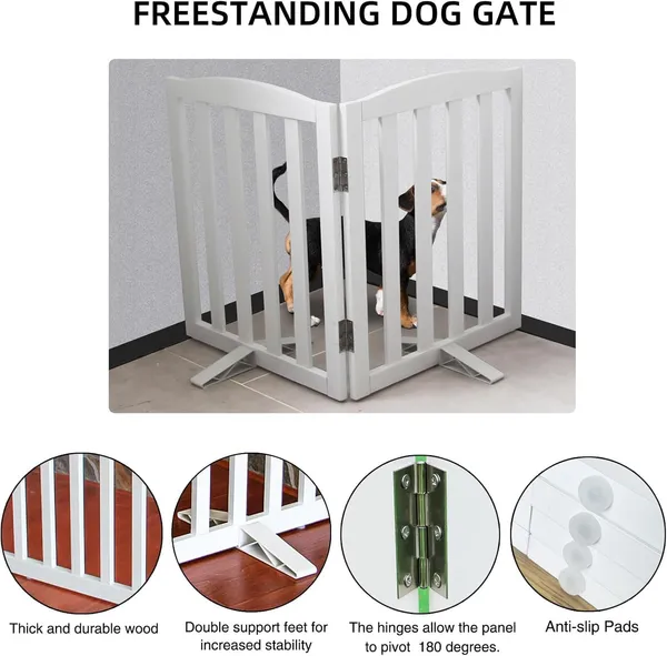 White_Freestanding_Pet_Gate,_Folding_Safety_Fence_Wooden_Kids_&_Dog_Gate_With_2Pcs_Support_Feet
