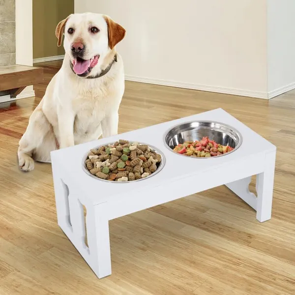 White_Wooden_Large_Dog_Pet_Stand_Modern_&_Elegant_Wood_Elevated_Dog_Bowls/Cat_Bowls