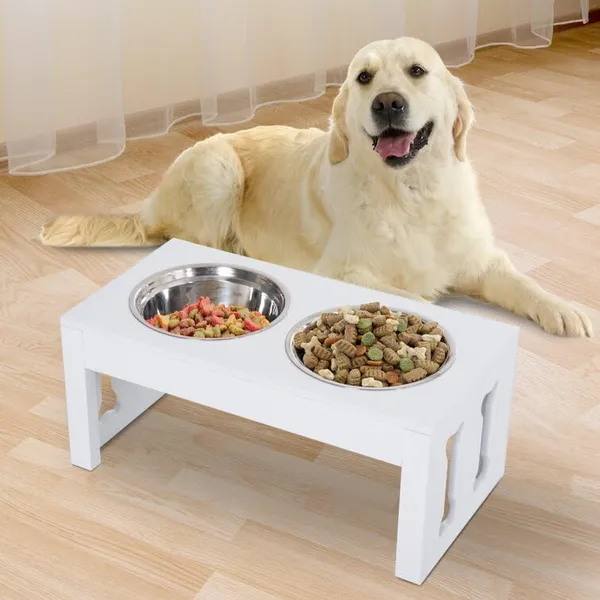 White_Wooden_Large_Dog_Pet_Stand_Modern_&_Elegant_Wood_Elevated_Dog_Bowls/Cat_Bowls