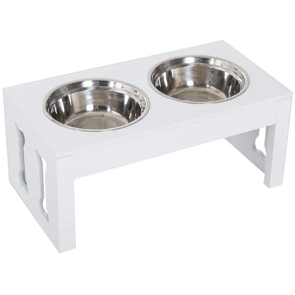 White_Wooden_Large_Dog_Pet_Stand_Modern_&_Elegant_Wood_Elevated_Dog_Bowls/Cat_Bowls