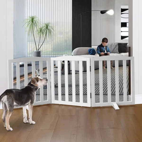 Freestanding_Pet_Gate,_Folding_Safety_Fence_Wooden_Kids__&__Dog_Gate_with_2PCS_Support_Feet_Ideal_for_Stairs,_Doorways,_Halls,_Kitchens,_Indoors_Gates,_Panels_24"(60_Cm),_White_(2_Panel)