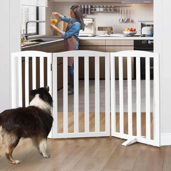 Freestanding_Pet_Gate,_Folding_Safety_Fence_Wooden_Kids__&__Dog_Gate_with_2PCS_Support_Feet_Ideal_for_Stairs,_Doorways,Kitchens,_Indoors_Gates,_2_Panels_30"_inch_(75_Cm),_White_(3_Panel)