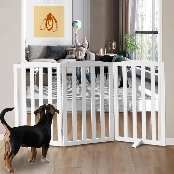 Freestanding_Pet_Gate,_Folding_Safety_Fence_Wooden_Kids__&__Dog_Gate_with_2PCS_Support_Feet_Ideal_for_Stairs,_Doorways,Kitchens,_Indoors_Gates,_2_Panels_30"_inch_(75_Cm),_White_(3_Panel)