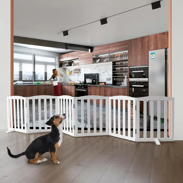 Freestanding_Pet_Gate,_Folding_Safety_Fence_Wooden_Kids__&__Dog_Gate_with_2PCS_Support_Feet_Ideal_for_Stairs,_Doorways,_Halls,_Kitchens,_Indoors_Gates,_2_Panels_24"(60_Cm),_White_(6_Panel)