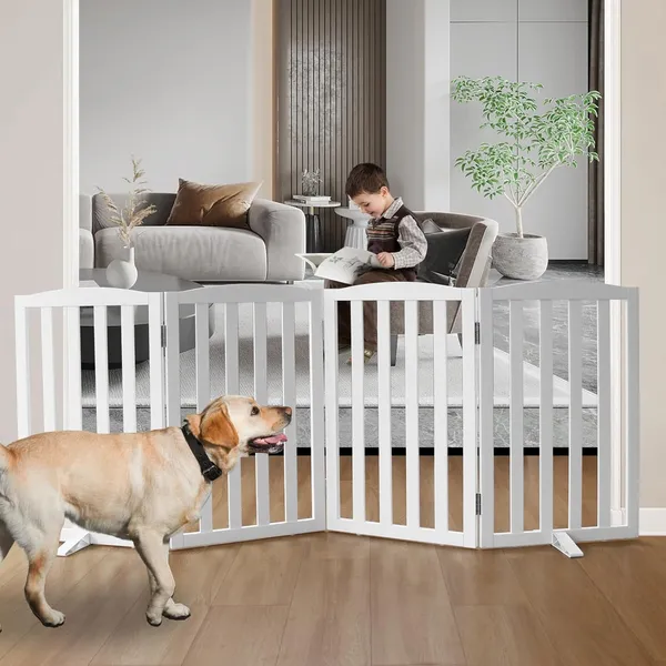 Freestanding_Pet_Gate,_Folding_Safety_Fence_Wooden_Kids__&__Dog_Gate_with_2PCS_Support_Feet_Ideal_for_Stairs,_Doorways,Kitchens,_Indoors_Gates,_2_Panels_30"_inch_(75_Cm),_White_(4_Panel)