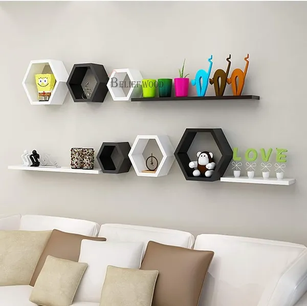 Set_of_6_White_and_Black_Wooden_Hexagon_Floating_Wall_Mounted_Shelves