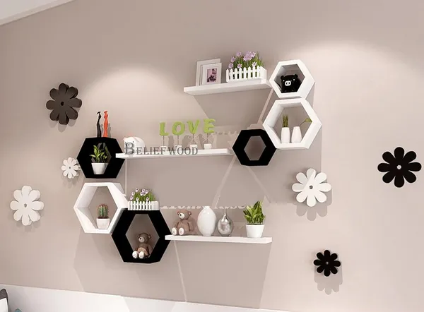 Set_of_6_White_and_Black_Wooden_Hexagon_Floating_Wall_Mounted_Shelves