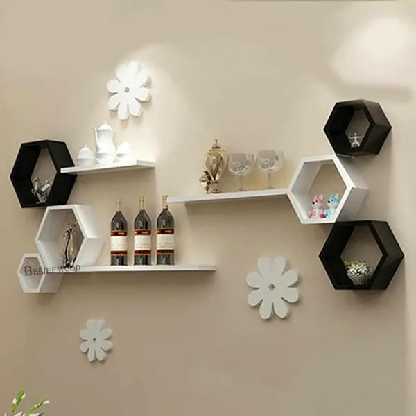 Set_of_6_White_and_Black_Wooden_Hexagon_Floating_Wall_Mounted_Shelves