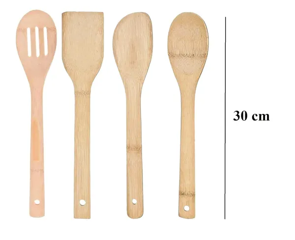 FLYTOP_4_Pcs_Set_Eco-Friendly_Bamboo_Cooking,_Serving_Wooden_Spoon_Blister_Pack_|_30_cm_Long|_Ideal_for_High_Heat_Sauteing,_Baking,_Mixing,_Flipping|Non-Stick