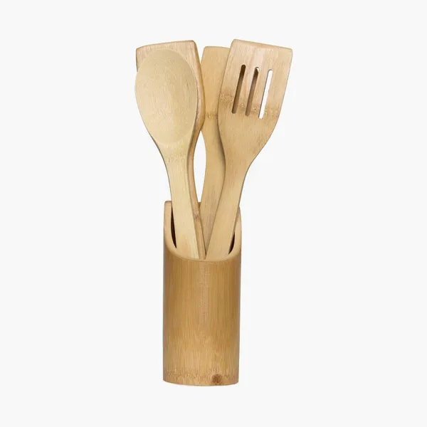 FLYTOP_5_Piece_Set_Eco-Friendly_Bamboo_Cooking,_Serving_Wooden_Spoon_with_Holder_|_30_cm_Long|_Ideal_for_High_Heat_Sauteing,_Baking,_Mixing,_Flipping|Non-Stick