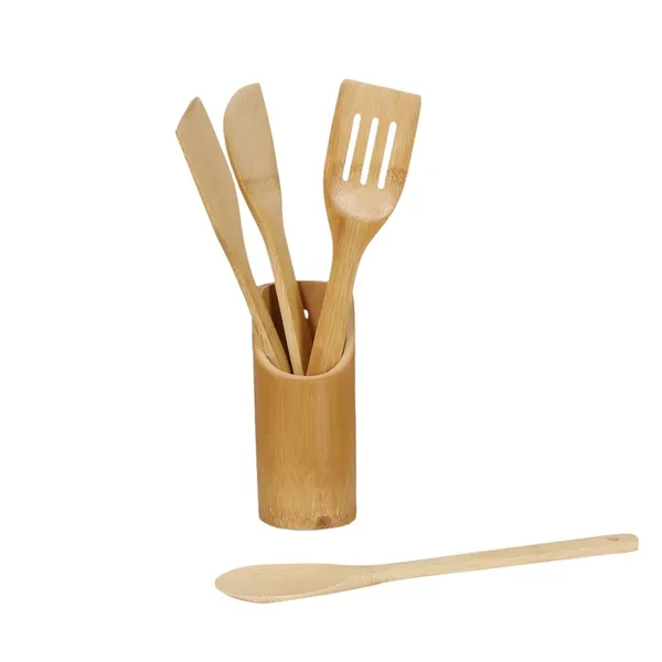 FLYTOP_5_Piece_Set_Eco-Friendly_Bamboo_Cooking,_Serving_Wooden_Spoon_with_Holder_|_30_cm_Long|_Ideal_for_High_Heat_Sauteing,_Baking,_Mixing,_Flipping|Non-Stick