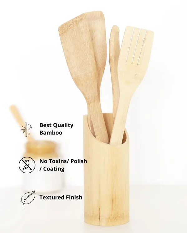 FLYTOP_5_Piece_Set_Eco-Friendly_Bamboo_Cooking,_Serving_Wooden_Spoon_with_Holder_|_30_cm_Long|_Ideal_for_High_Heat_Sauteing,_Baking,_Mixing,_Flipping|Non-Stick
