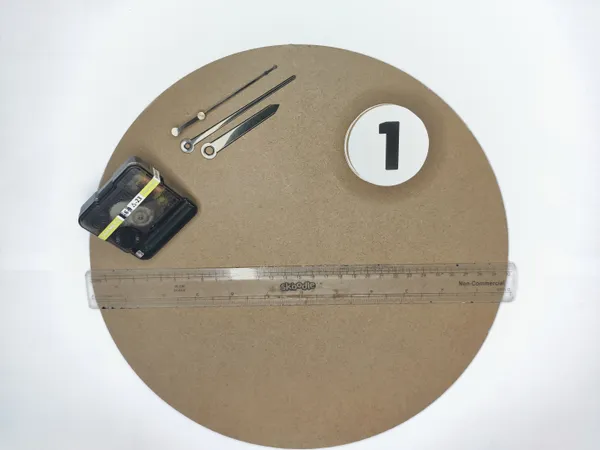 DIY_Clock_Kit_For_Art_And_Craft_Science_Project_Home_Decoration_Clock_Machine,_MDF_Board_Size_30_cm_diameter,__2mm_Thick,_1_clock_machine,_12_board_5_cm_diameter_with_number_stickers._