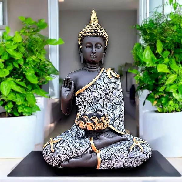 Black_&_Grey_Meditating_Buddha_Statue_With_Tea_Light_Candle_Holder