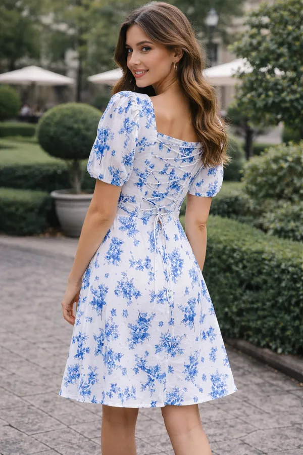 White_and_Blue_Floral_Puff_Sleeve_Dress