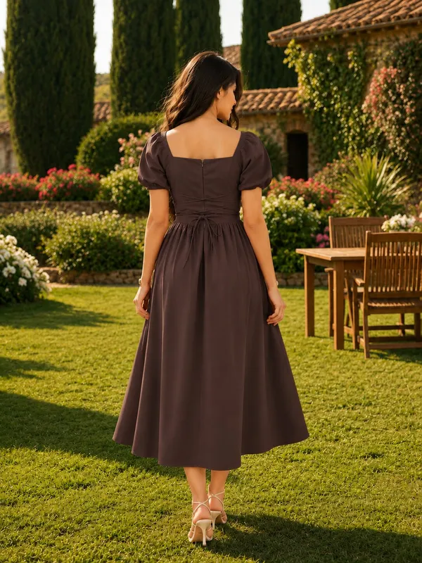Brown_Tie-Up_Fit_&_Flare_Puff_Sleeves_Dress