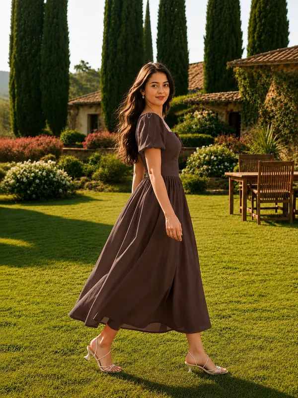 Brown_Tie-Up_Fit_&_Flare_Puff_Sleeves_Dress